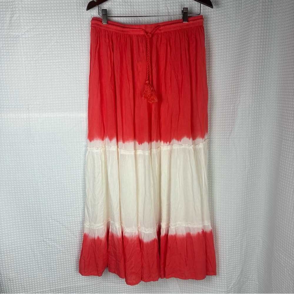 Cute Options Maxi Skirt Tie Dye Coral Red Orange White Flowy Tassel Prarie XL